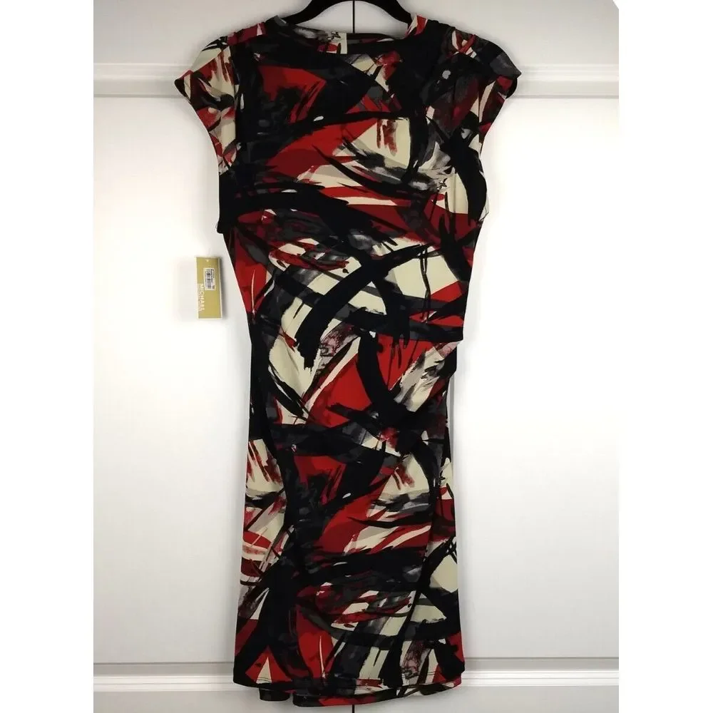 Michael Kors Sleeveless Sheath Dress L Ruched Side Cowl Neck Black Red Blaze NWT